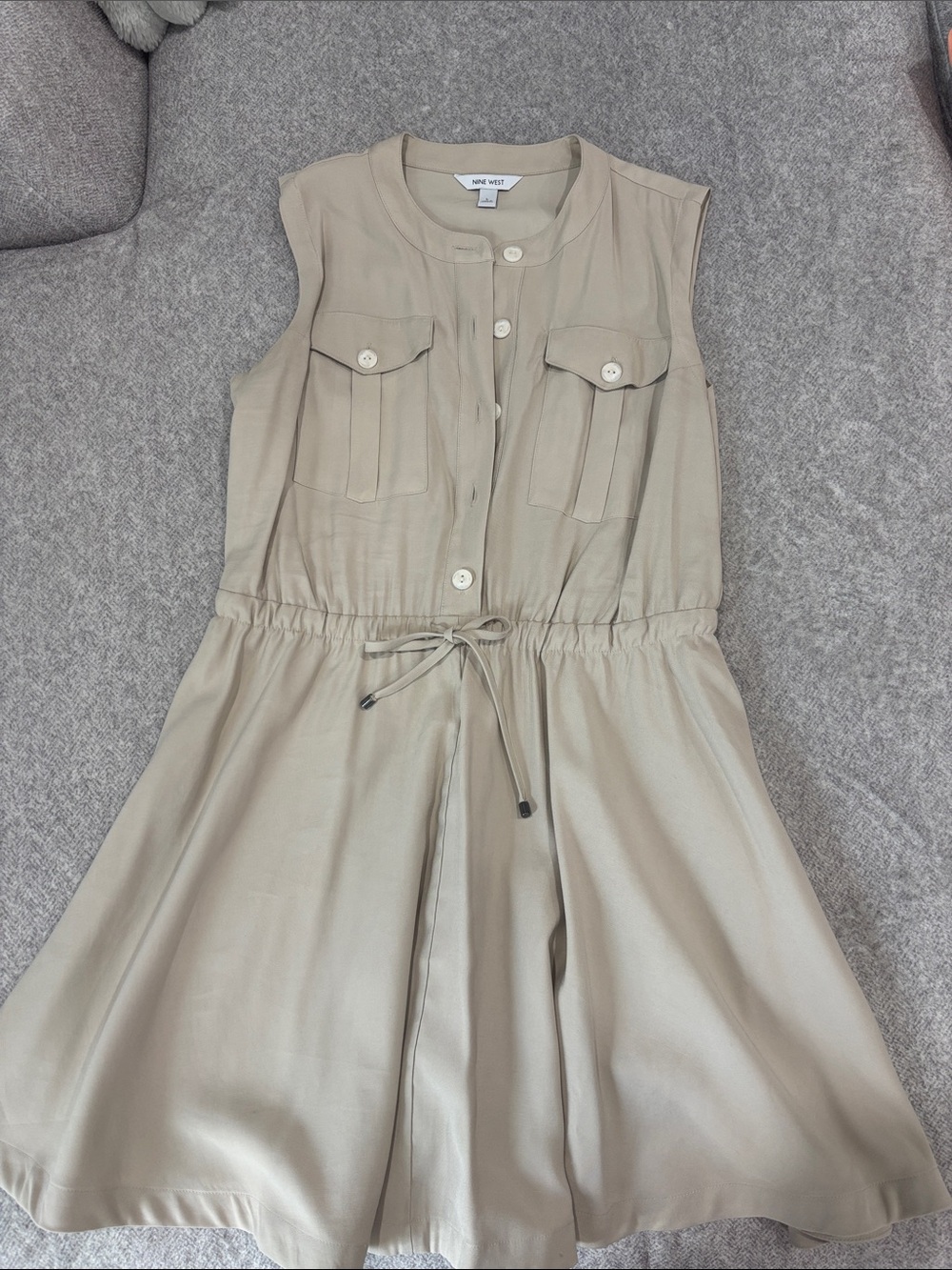 Nine West Beige Sleeveless Drawstring Button-Front Dress